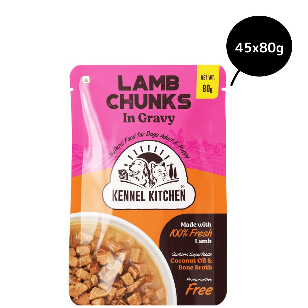 kennel-kitchen-lamb-chunks-in-gravy-puppy-adult-wet-dog-food 45x80g