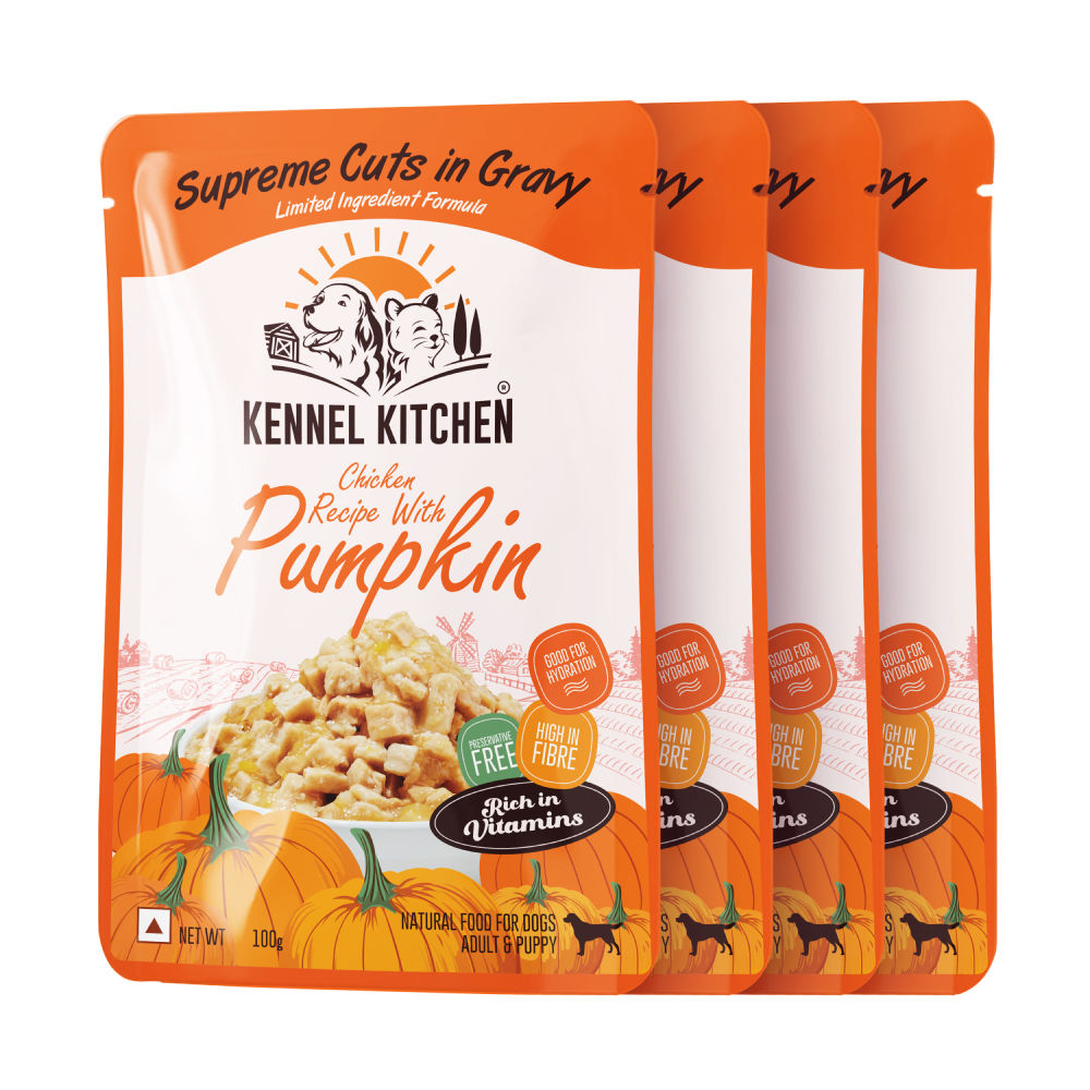 Kennel Kitchen Supreme Cuts in Gravy Chicken Recipe with Pumpkin Puppy & Adult Dog Wet Food — in use
