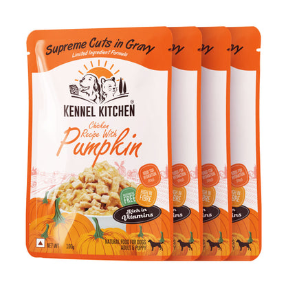 Kennel Kitchen Supreme Cuts in Gravy Chicken Recipe with Pumpkin Puppy & Adult Dog Wet Food — in use