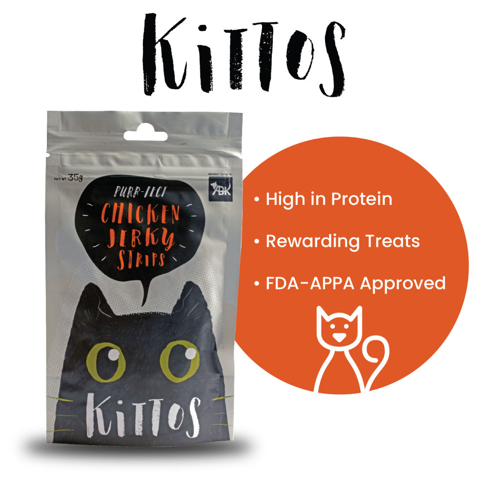 Kittos Purr Fect Chicken Jerky Strips Cat Treats — in use