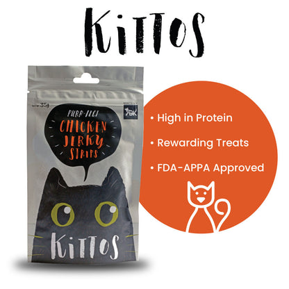 Kittos Purr Fect Chicken Jerky Strips Cat Treats — in use