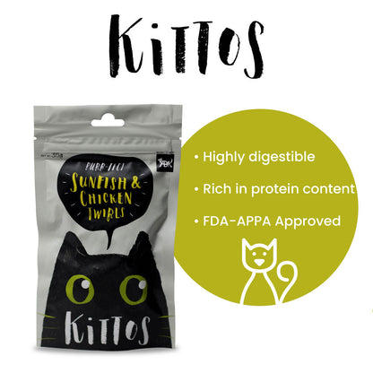 Kittos Purr Fect Sunfish Chicken and Twirls Cat Treats — in use