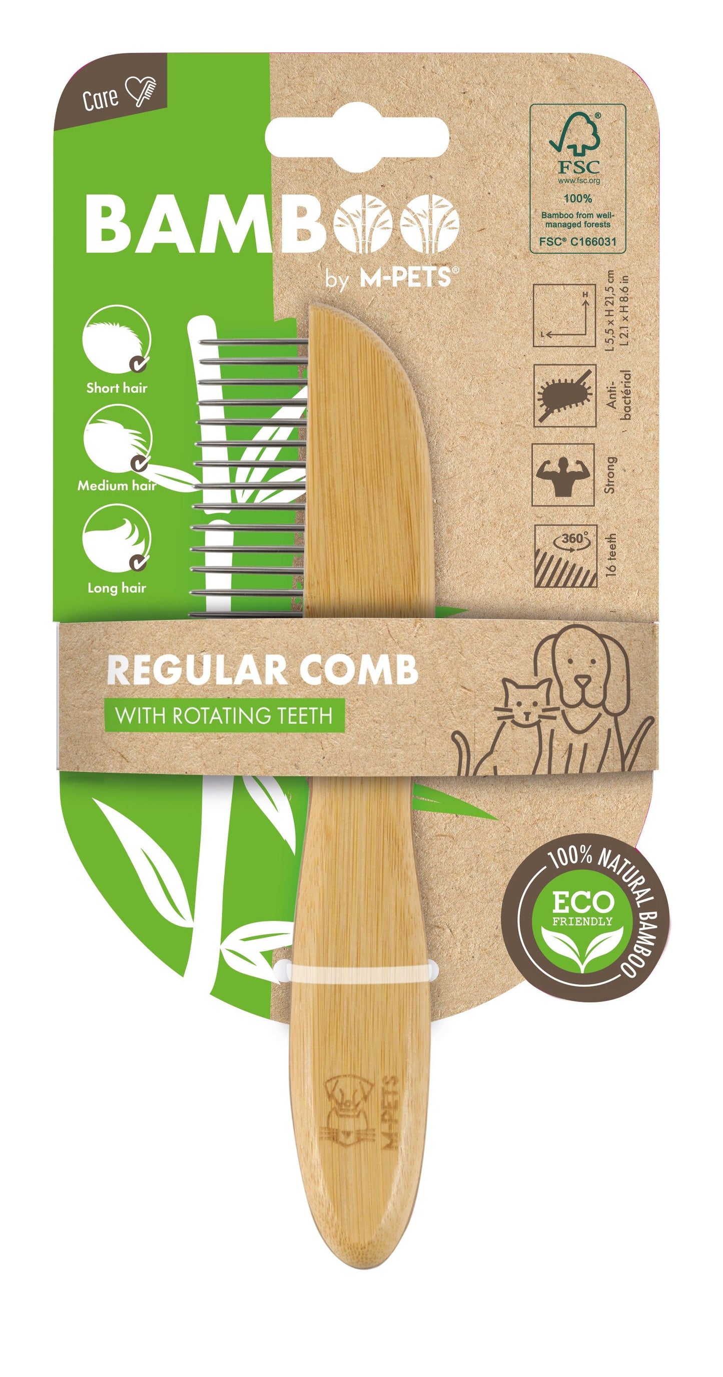 M Pets Bamboo Regular Comb With Rotating Teeth For Dogs And Cats Brown - Image 2