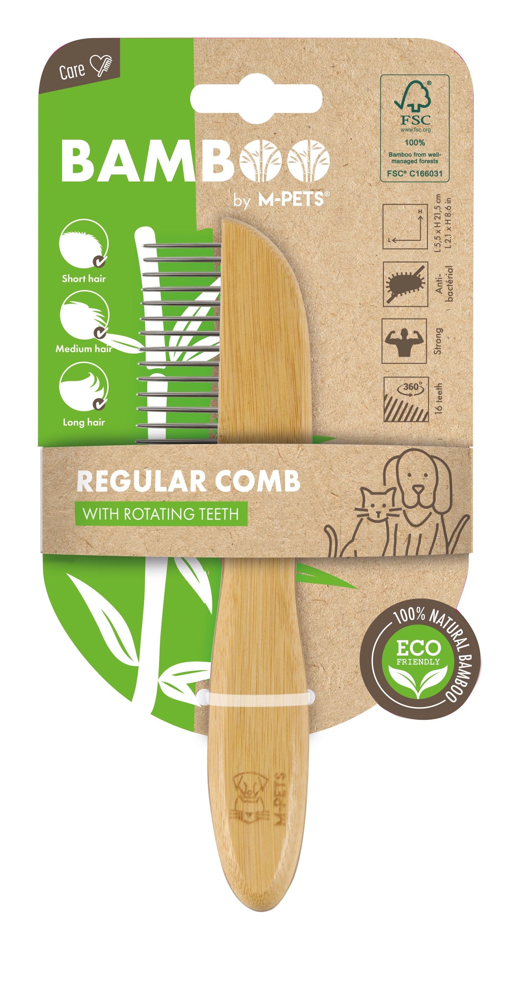 M Pets Bamboo Regular Comb With Rotating Teeth For Dogs And Cats Brown - Image 2