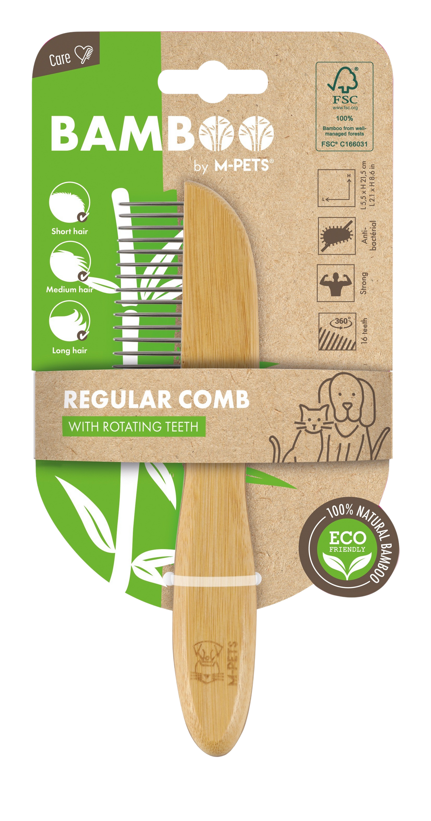 M Pets Bamboo Regular Comb With Rotating Teeth For Dogs And Cats Brown - Image 3
