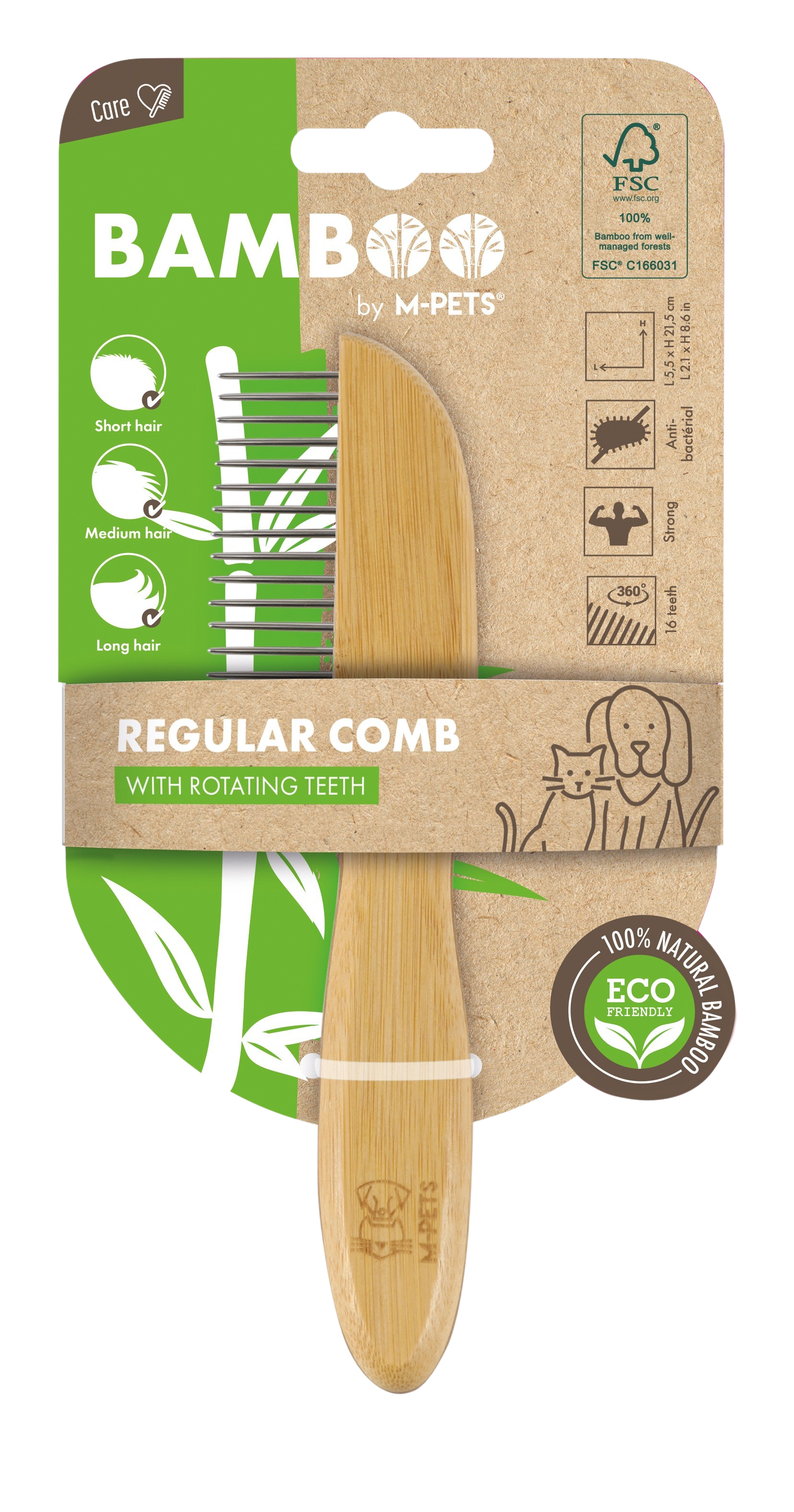 M Pets Bamboo Regular Comb With Rotating Teeth For Dogs And Cats Brown - Image 3