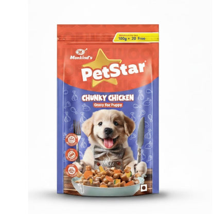 Mankind Petstar Chunky Chicken Gravy Puppy Dog Wet Food — in use