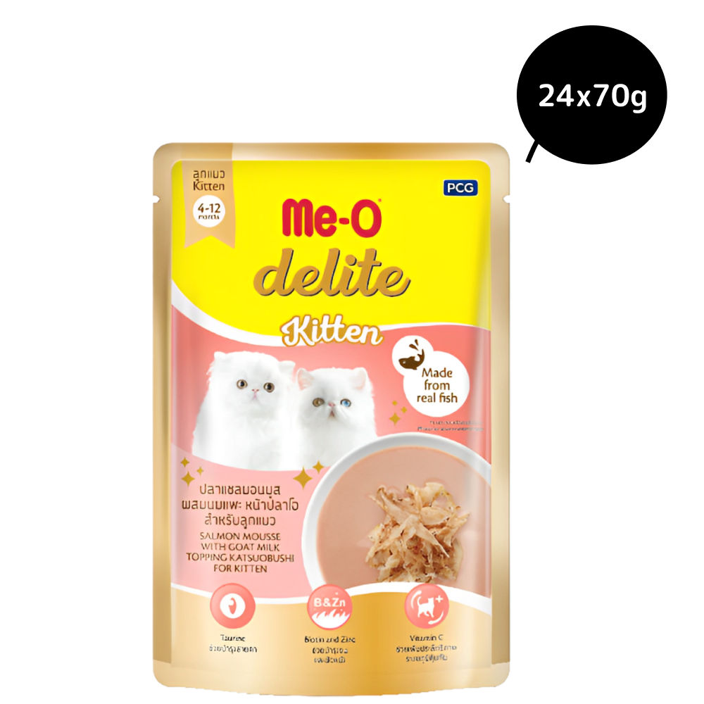 Me O Delite Salmon Moose Gravy Kitten Wet Food — in use