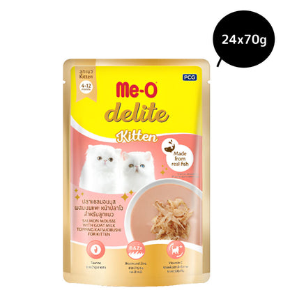 Me O Delite Salmon Moose Gravy Kitten Wet Food — in use