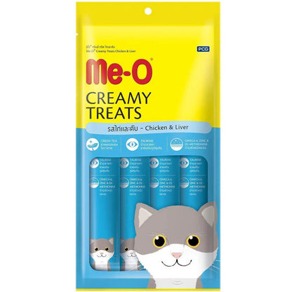 Me O Creamy Chicken & Liver Cat Treats — in use