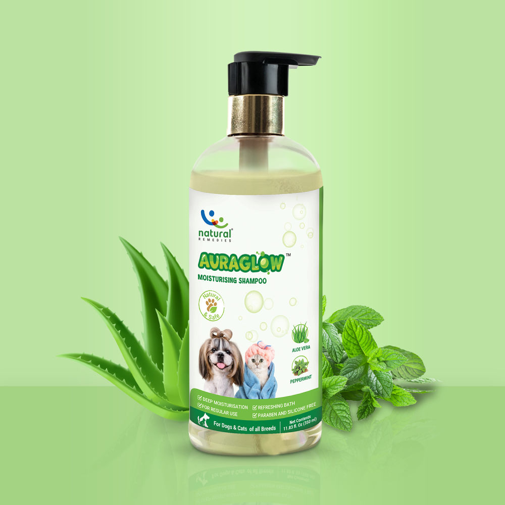 Natural Remedies Auraglow Moisturizing Shampoo for Dogs and Cats — in use