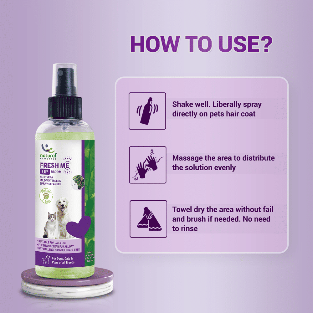Natural Remedies Fresh Me Up Bloom Aloevera Cleanser for Dogs and Cats — in use