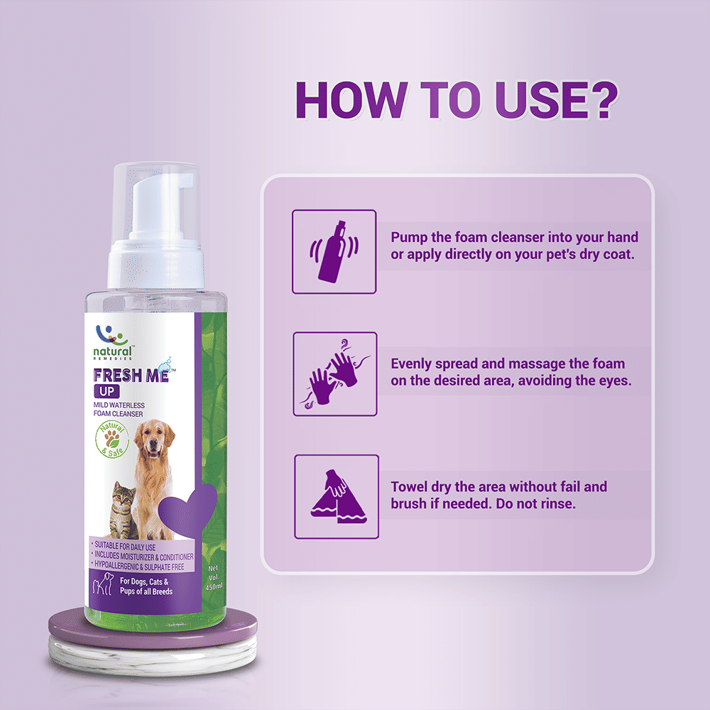 Natural Remedies Fresh Me Up Waterless Dry Shampoo for Dogs and Cats — in use