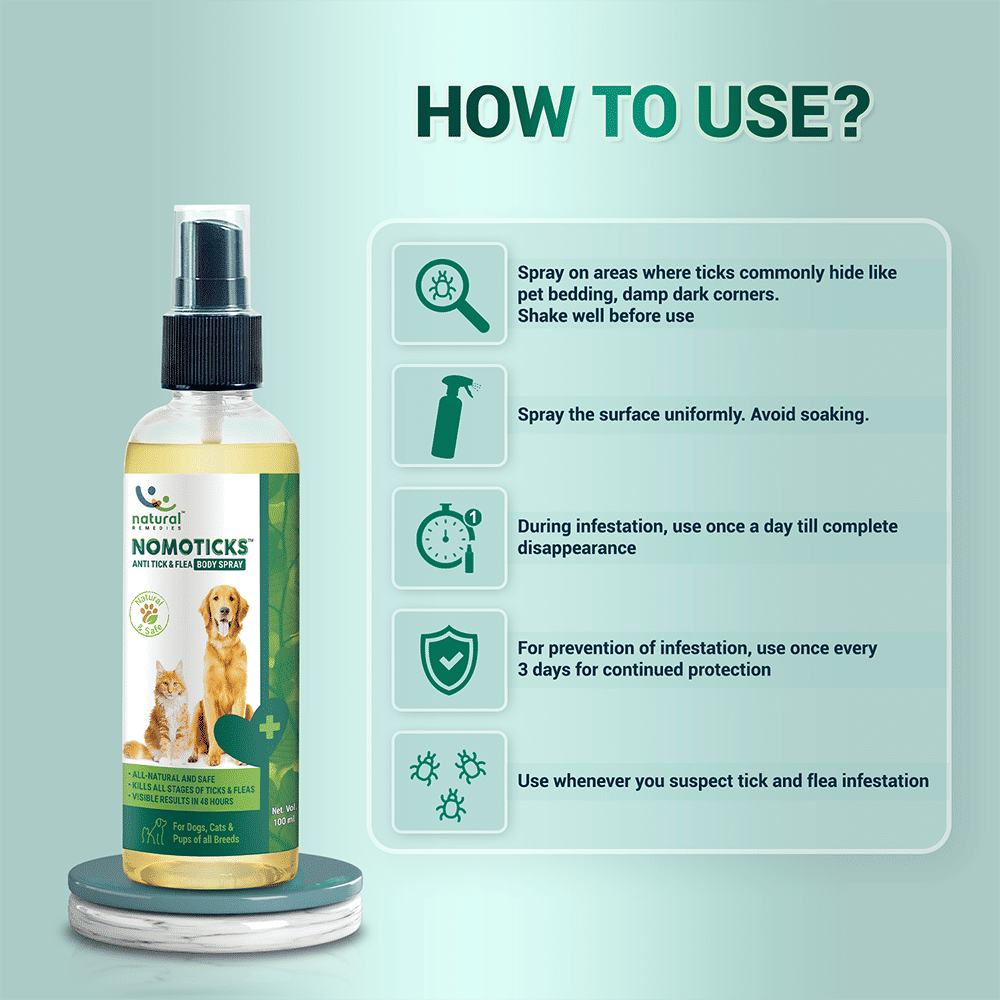 Natural Remedies Nomo Ticks Home Spray for Dogs and Cats — in use
