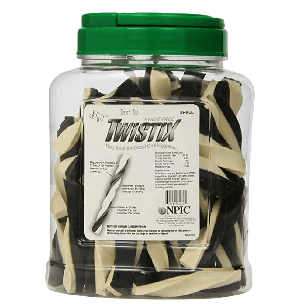 NPIC Twistix Vanilla Mint Canister Dog Treats — side view