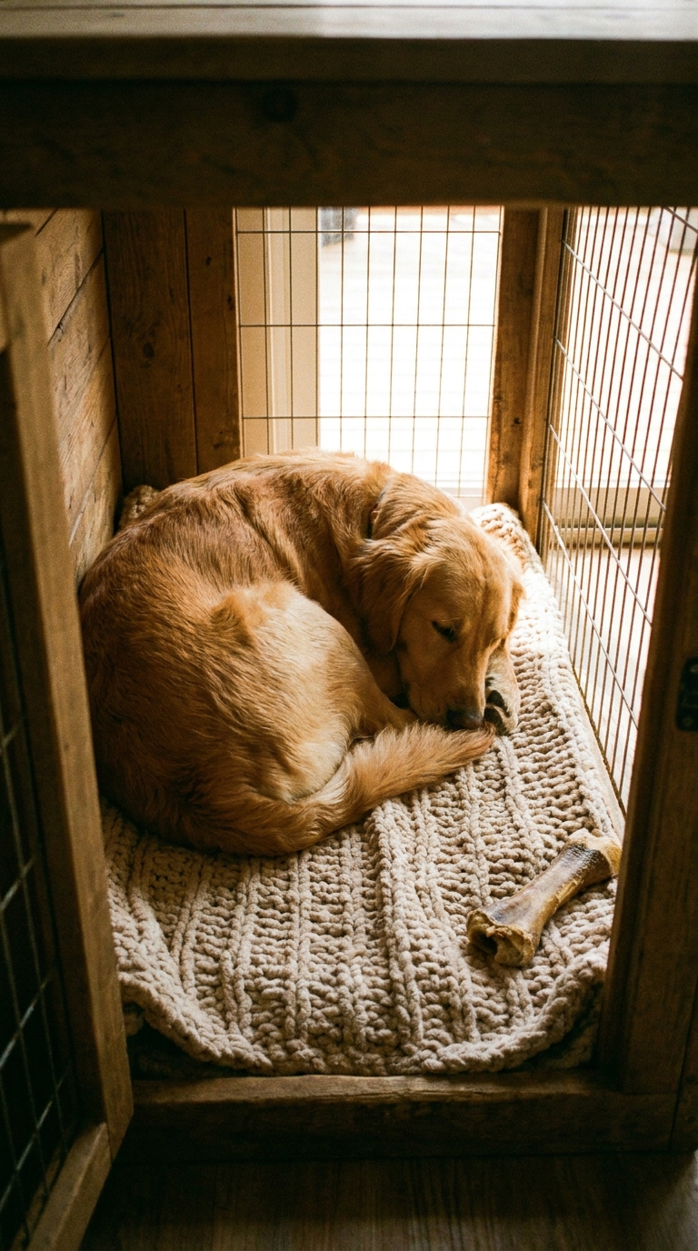 Dog lying on a rug inside a wooden crate with a bone beside it