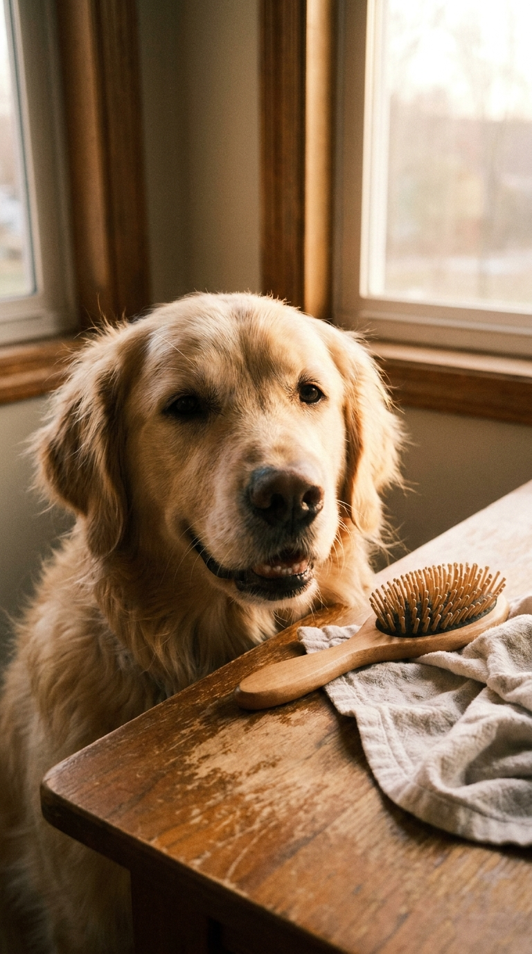Golden retriever sitting on a wooden table with grooming tools near a window.