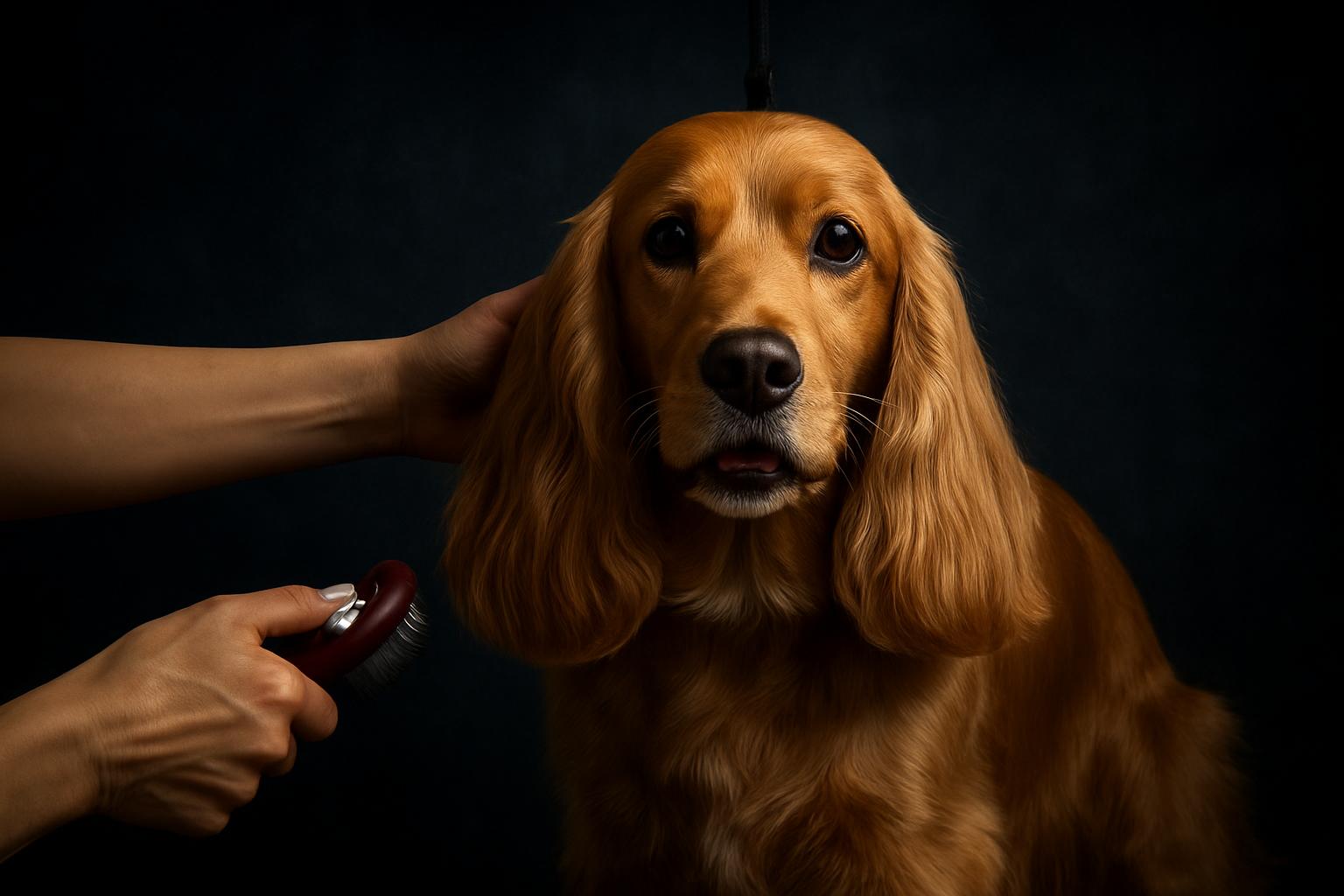 Dog being groomed with a brush on a dark background