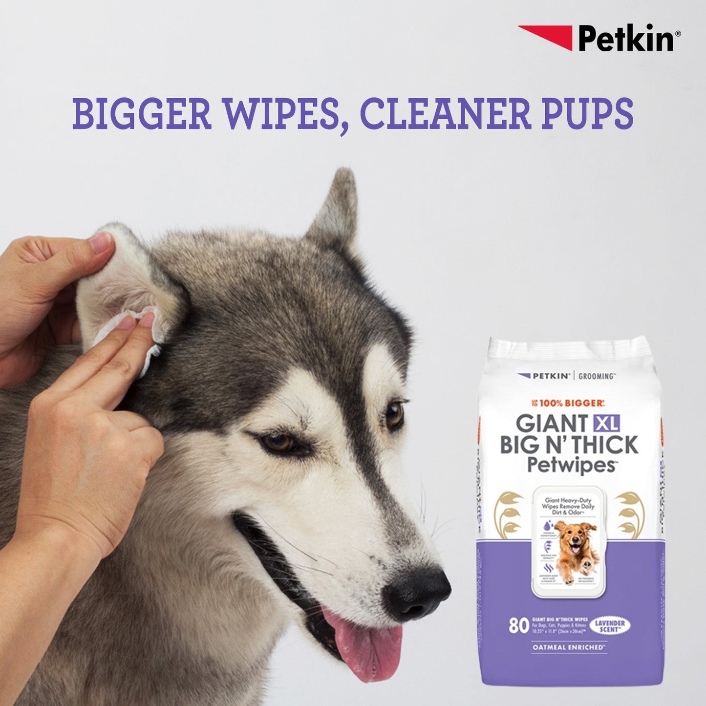 Petkin Gaint Big N' Thick Lavender Scented Petwipes for Dogs and Cats — in use