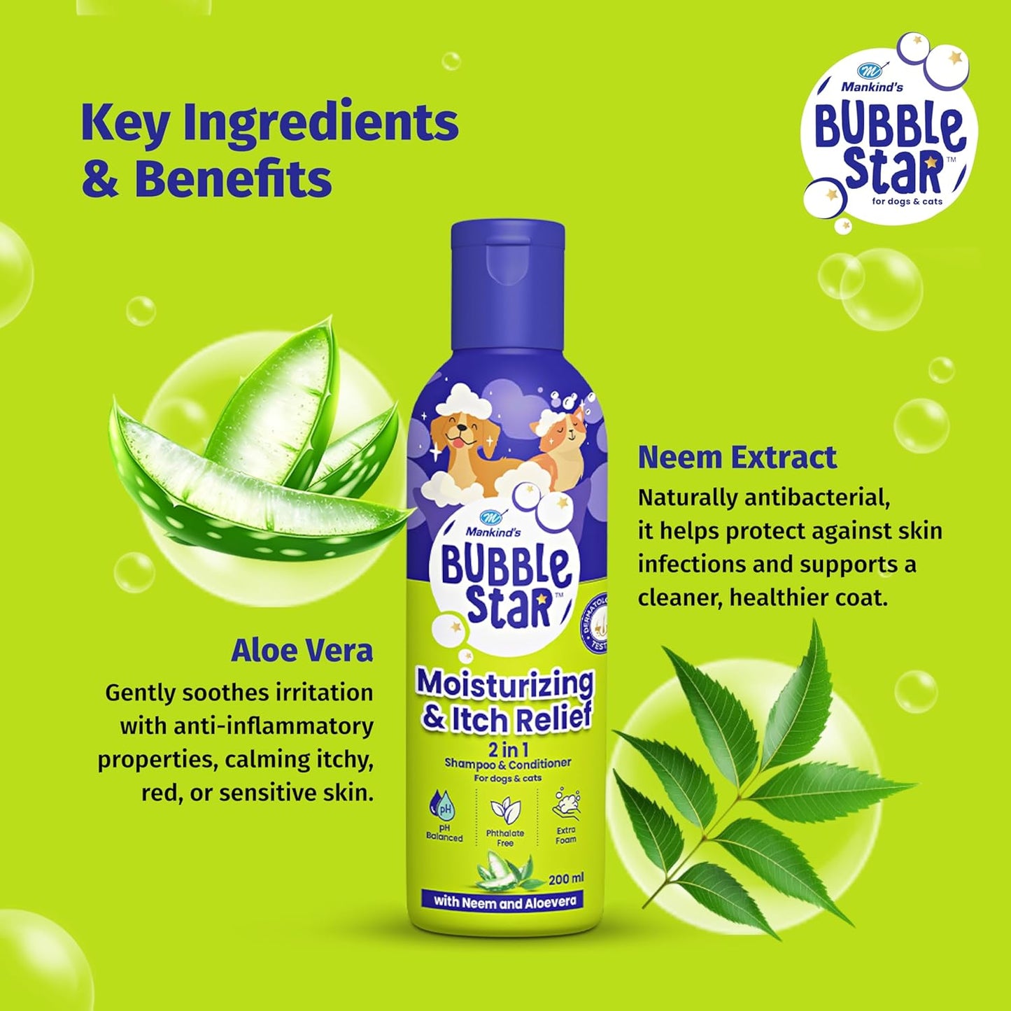 Mankind BubbleStar Neem & Aloe Vera Fresh 2 in 1 Waterless Shampoo for Dogs & Cats — detail shot