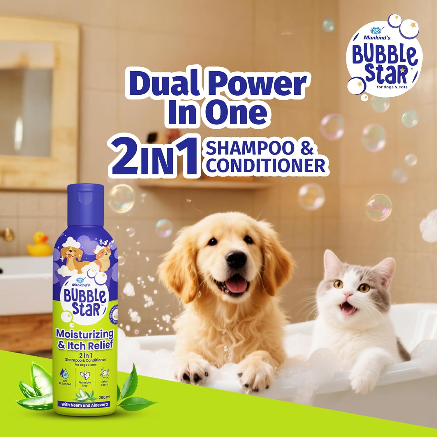 Mankind BubbleStar Neem & Aloe Vera Fresh 2 in 1 Waterless Shampoo for Dogs & Cats — in use