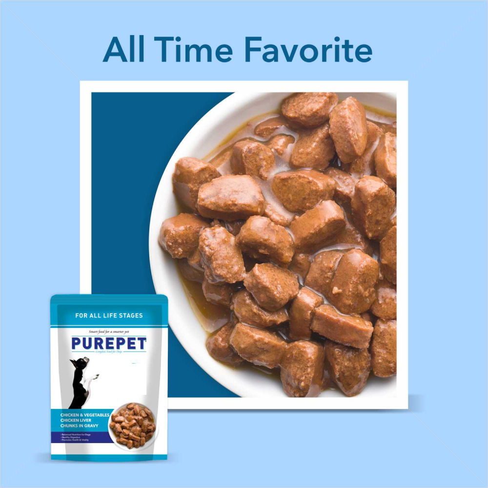 Purepet Chicken & Vegetable Chunks in Gravy Adult Dog Wet Food — in use