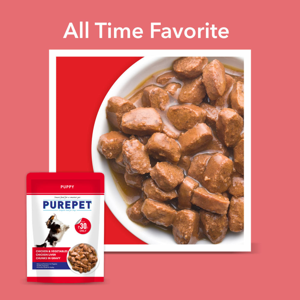 Purepet Chicken & Vegetable Chunks in Gravy Puppy Dog Wet Food — in use