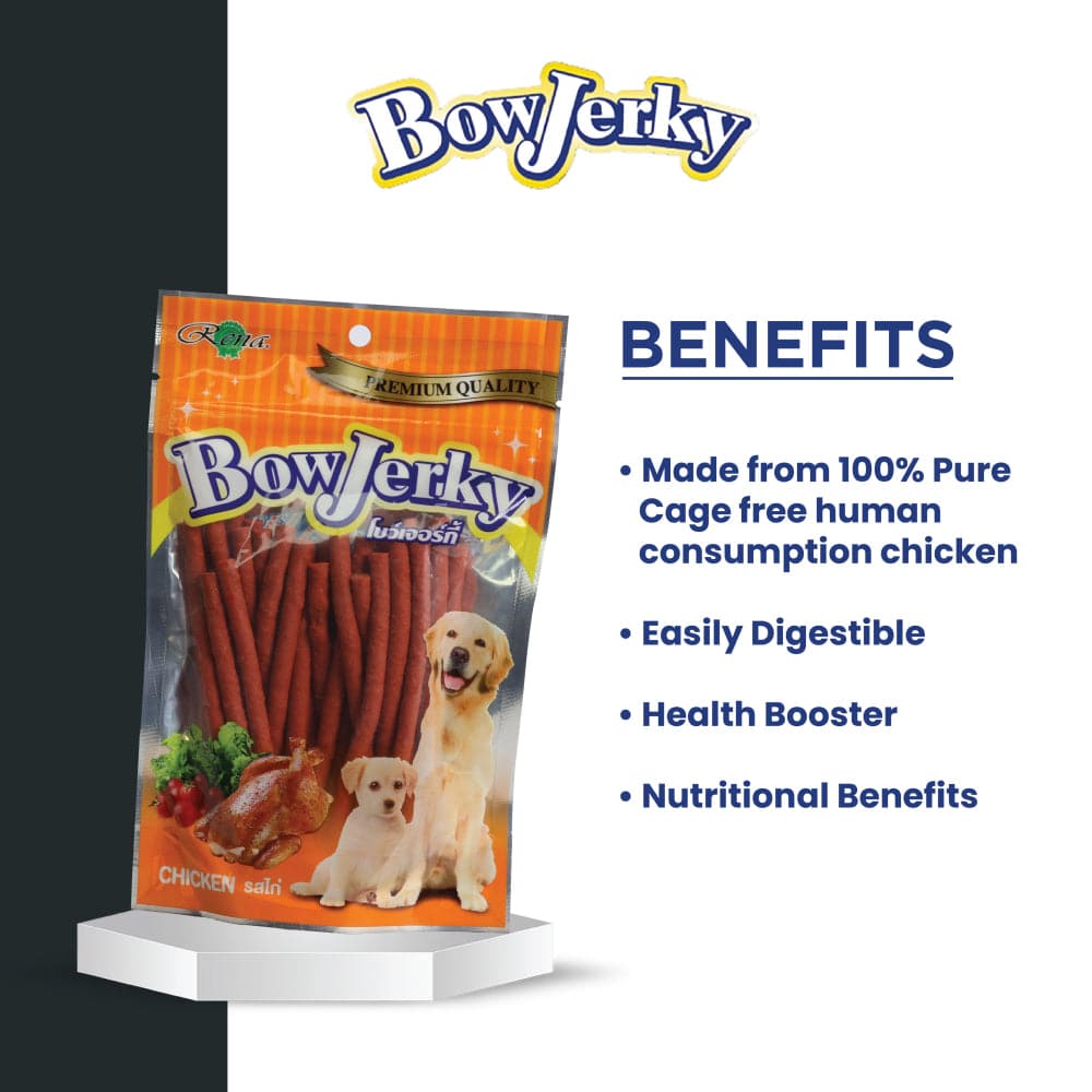 Rena BowJerky Chicken Sticks Dog Treats — in use
