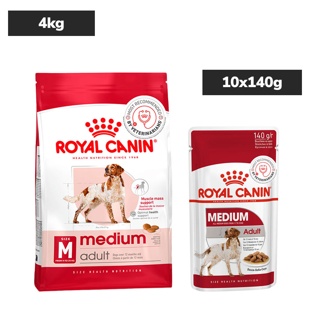 royal-canin-medium-adult-dog-dry-food 4kg(Dry)+10x140g(Wet)