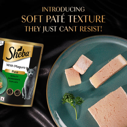 Sheba Maguro Pate Rich Premium Adult Fine Cat Wet Food — in use