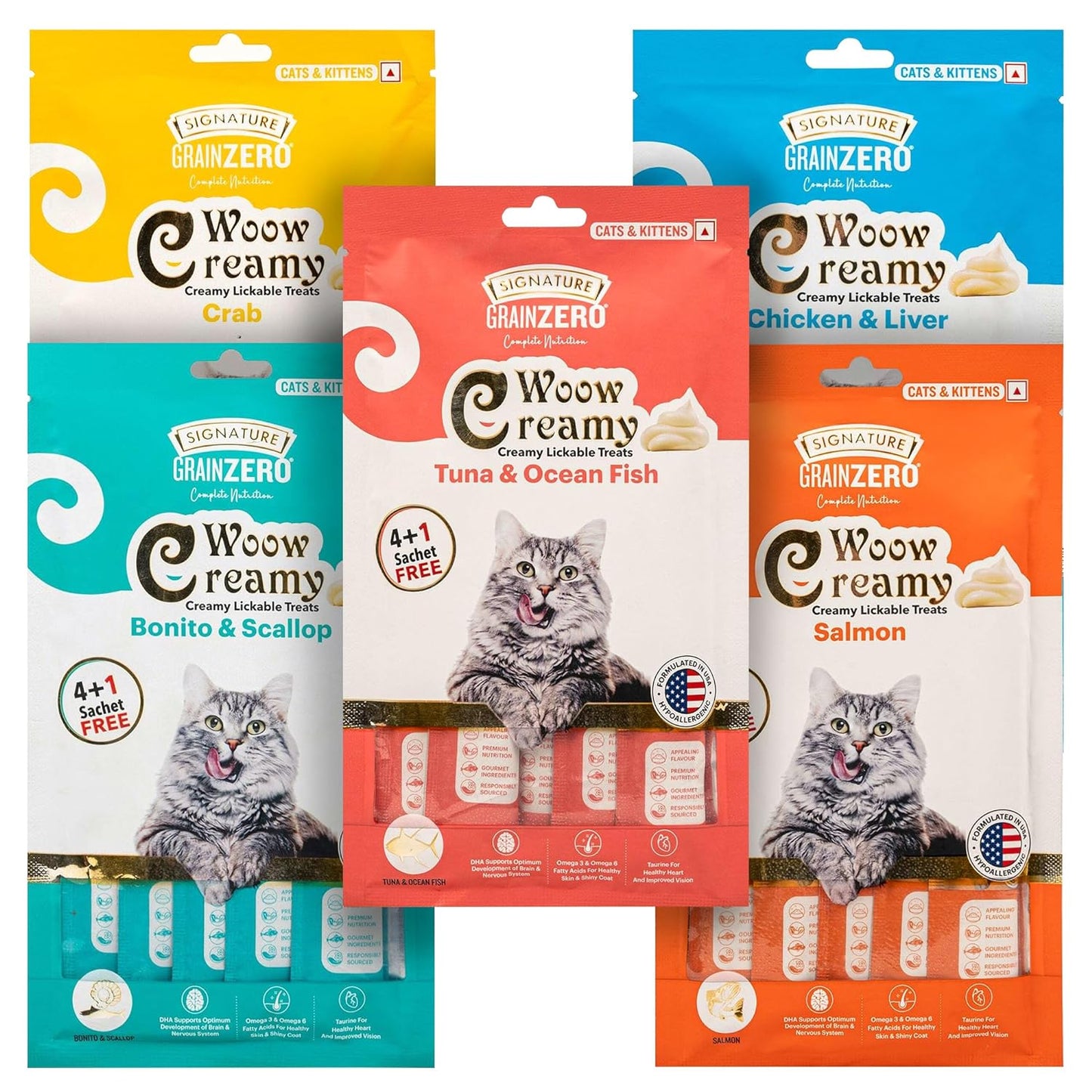 Signature Grain Zero Tuna Ocean Fish Chicken Liver Salmon Bonito Scallop And Crab Lickable Creamy Treats For Cats