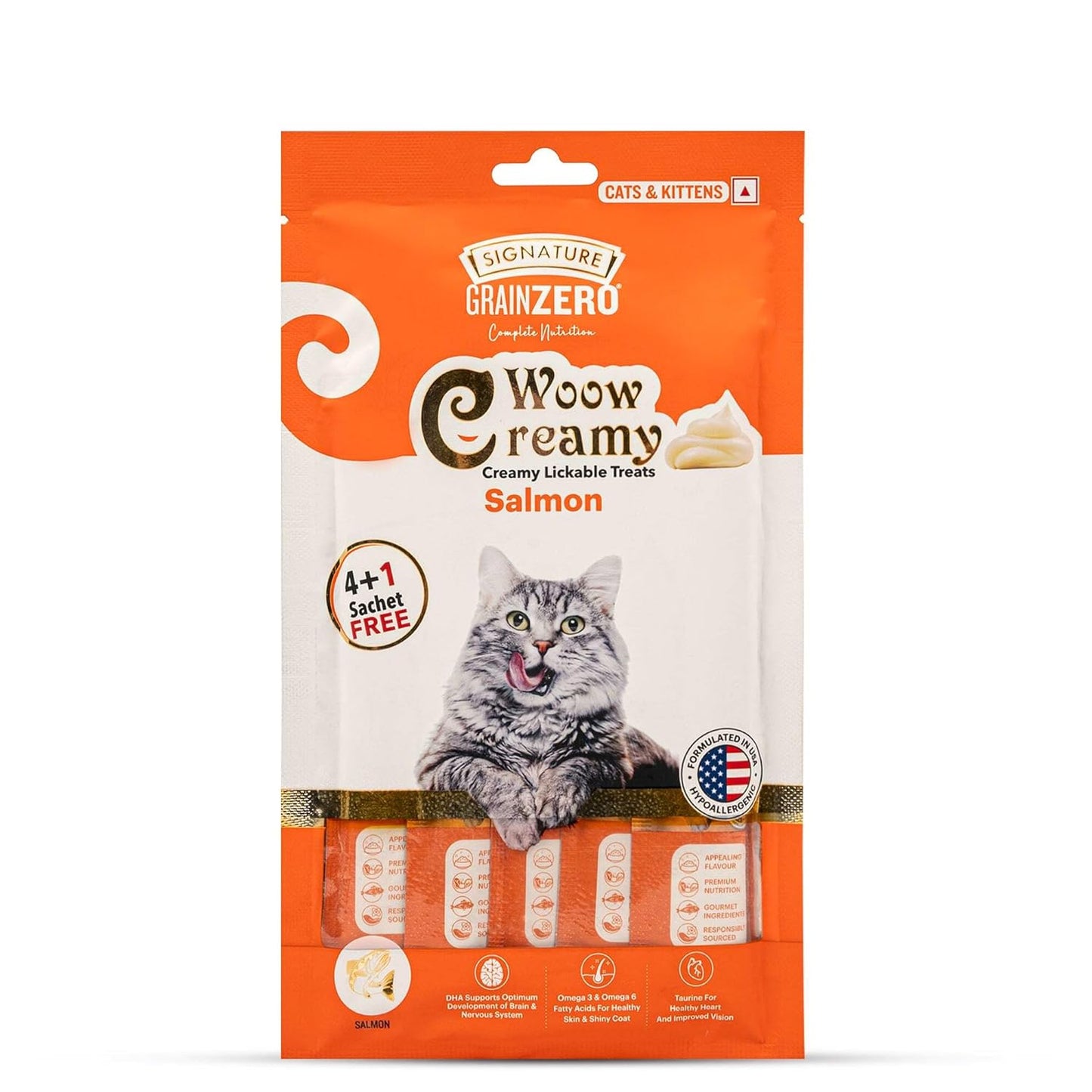 Signature Grain Zero 5 Flavor Lickable Creamy Treats for Cats — in use