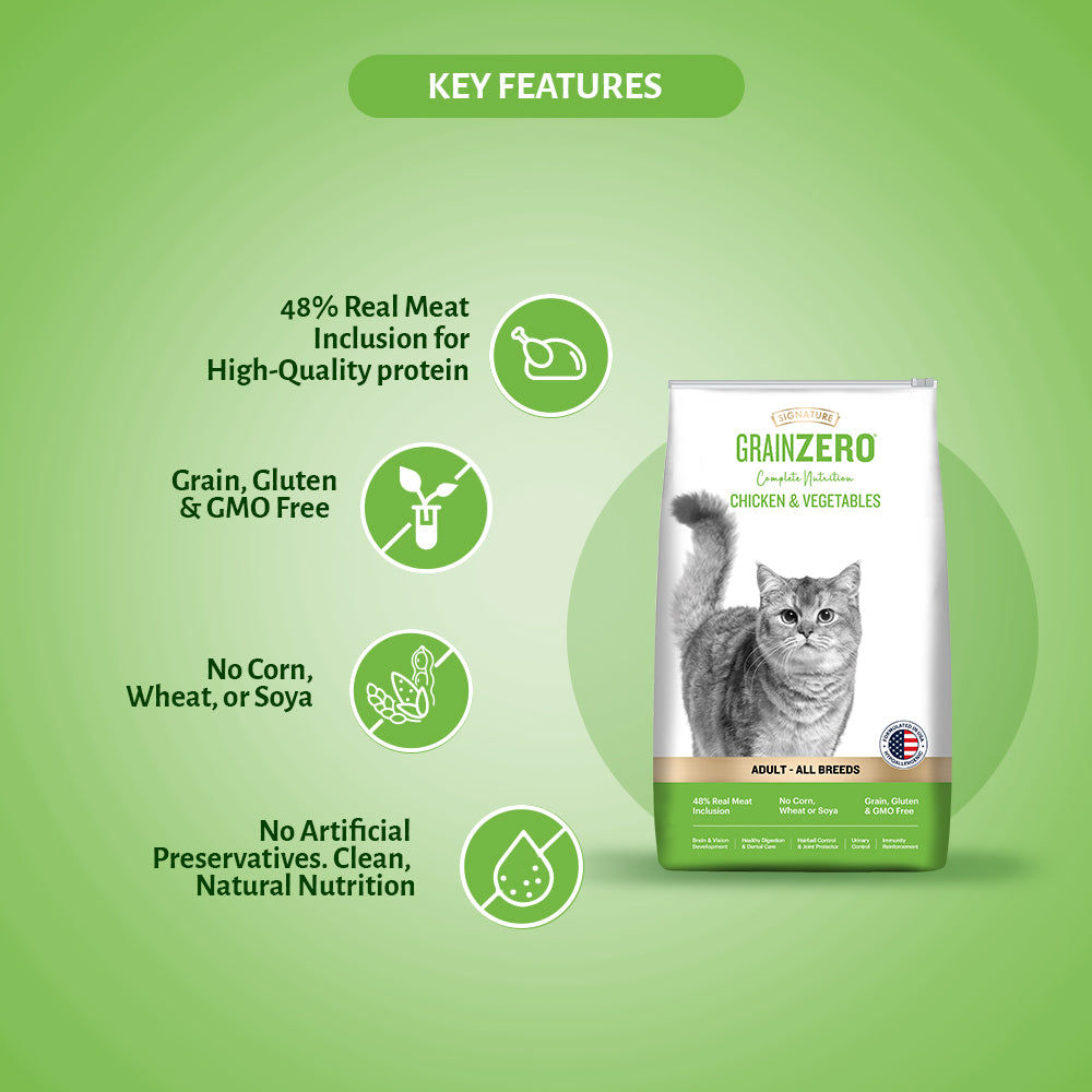 Signature Grain Zero Chicken & Vegetable Adult Cat Dry Food For All Breed — in use