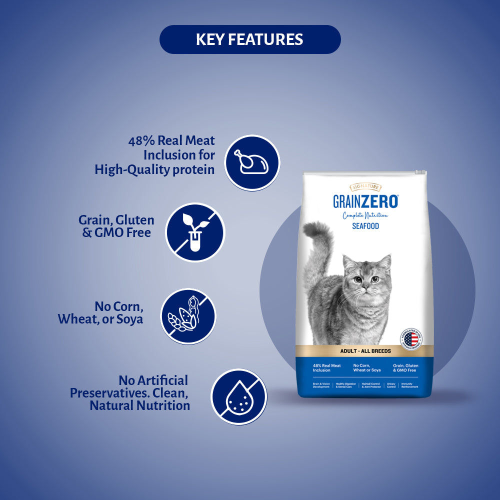 Signature Grain Zero Seafood Adult Cat Dry Food For All Breed — in use