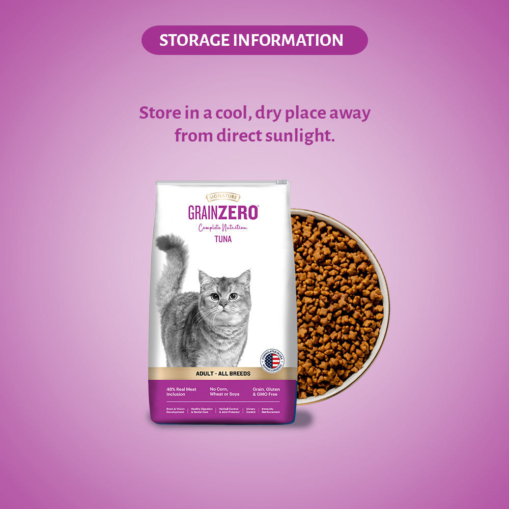 Signature Grain Zero Tuna Adult Cat Dry Food For All Breed — in use
