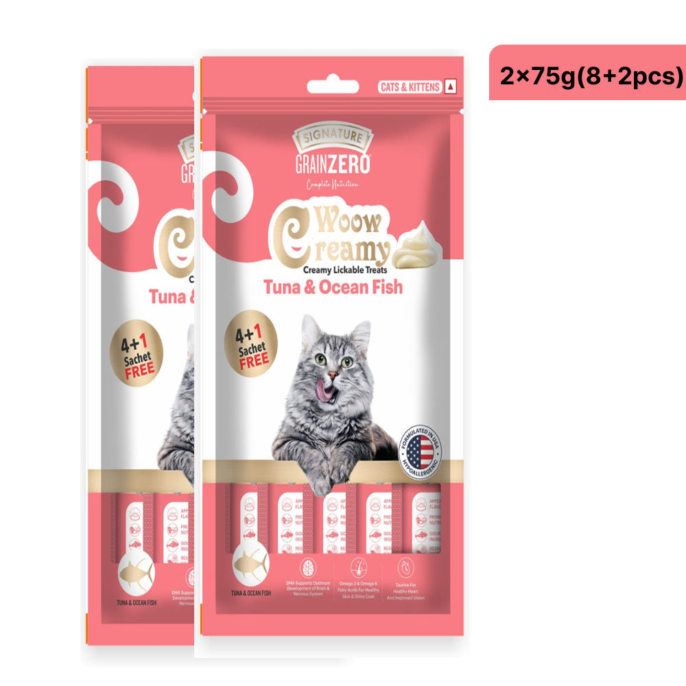 Signature Grain Zero Tuna and Ocean Fish Lickable Creamy Cat Treats — in use