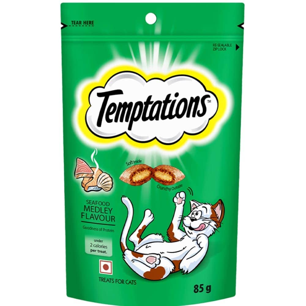 Temptations Seafood Medley and Savoury Salmon Flavour Cat Treats Combo — side view
