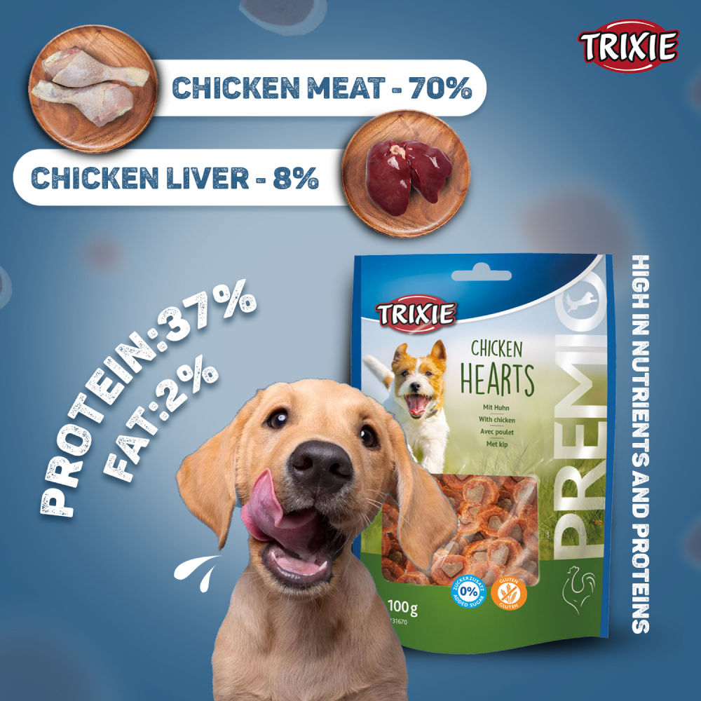 Trixie Premio Chicken Hearts Dog Treats — in use