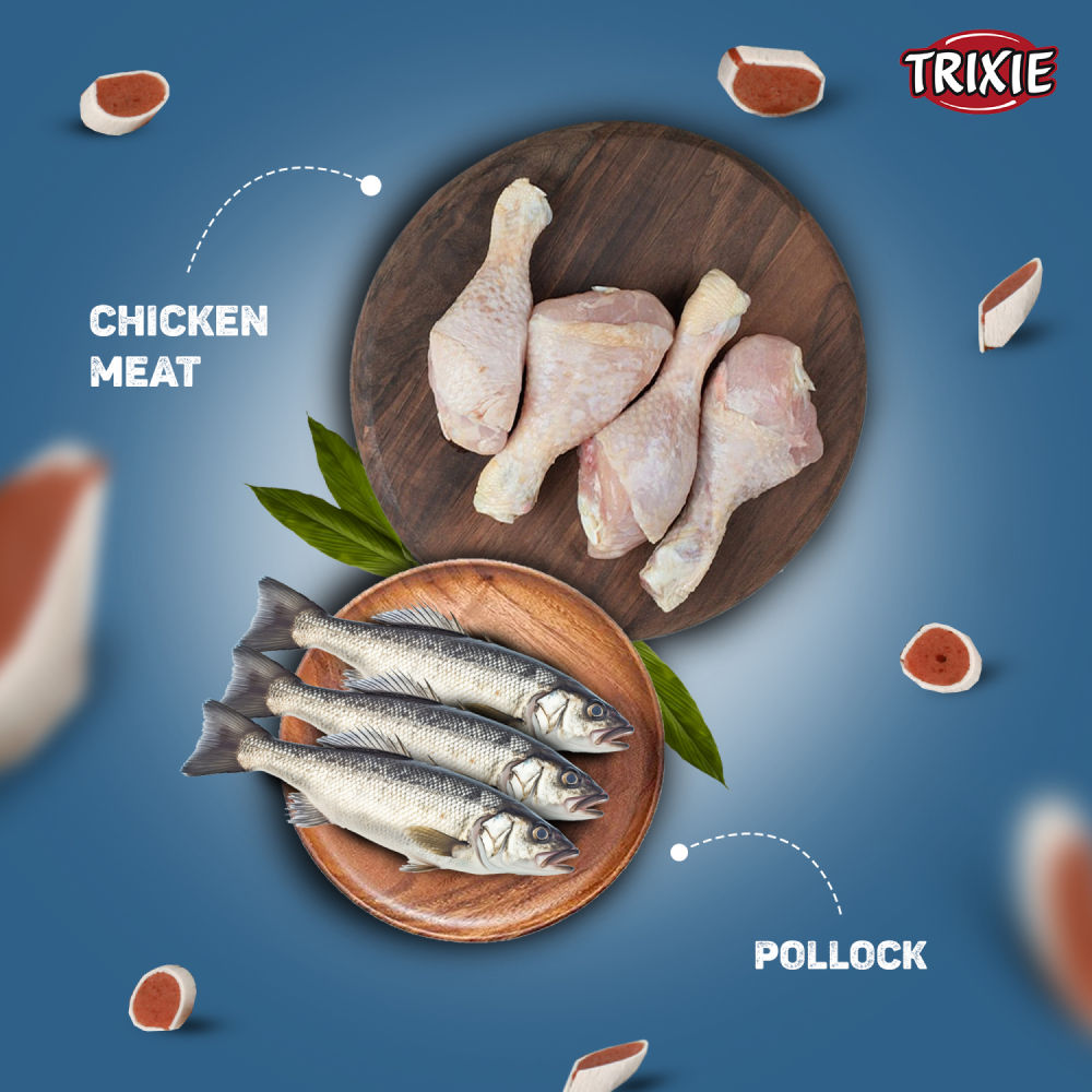 Trixie Premio Fish and Chicken Rolls Dog Treats — in use