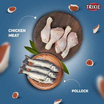 Trixie Premio Fish and Chicken Rolls Dog Treats — in use