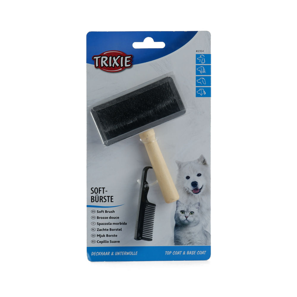 Trixie Slicker Wooden Brush with Brush Cleaner for Dogs and Cats — back view