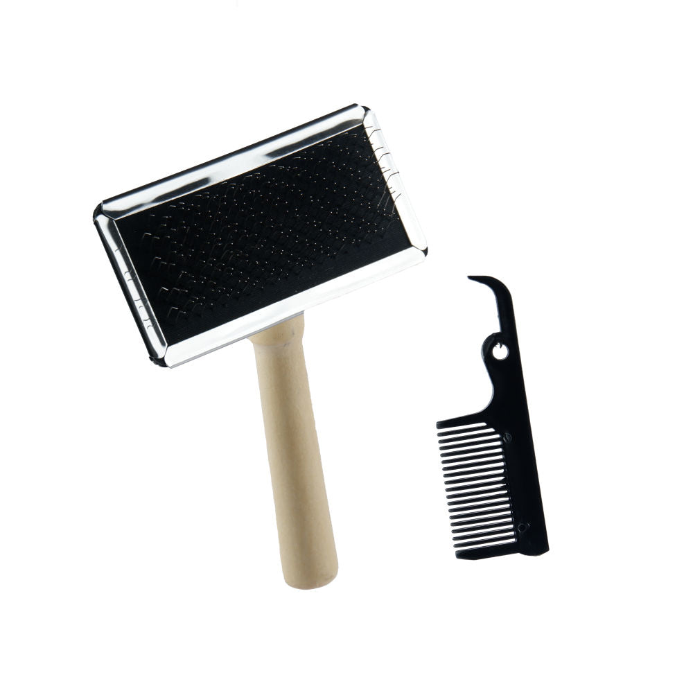 Trixie Slicker Wooden Brush with Brush Cleaner for Dogs and Cats — detail shot