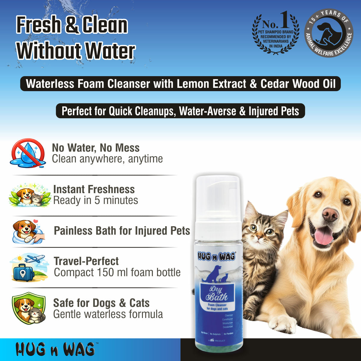 TTK Hug n Wag Dry Bath Foam Cleanser for Dogs and Cats — back view
