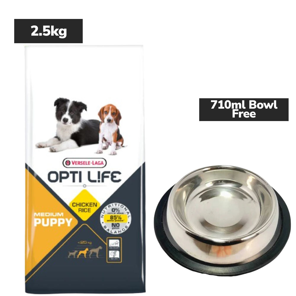 versele-laga-opti-life-chicken-rice-medium-dry-puppy-food 2.5kg+710mL Bowl Free