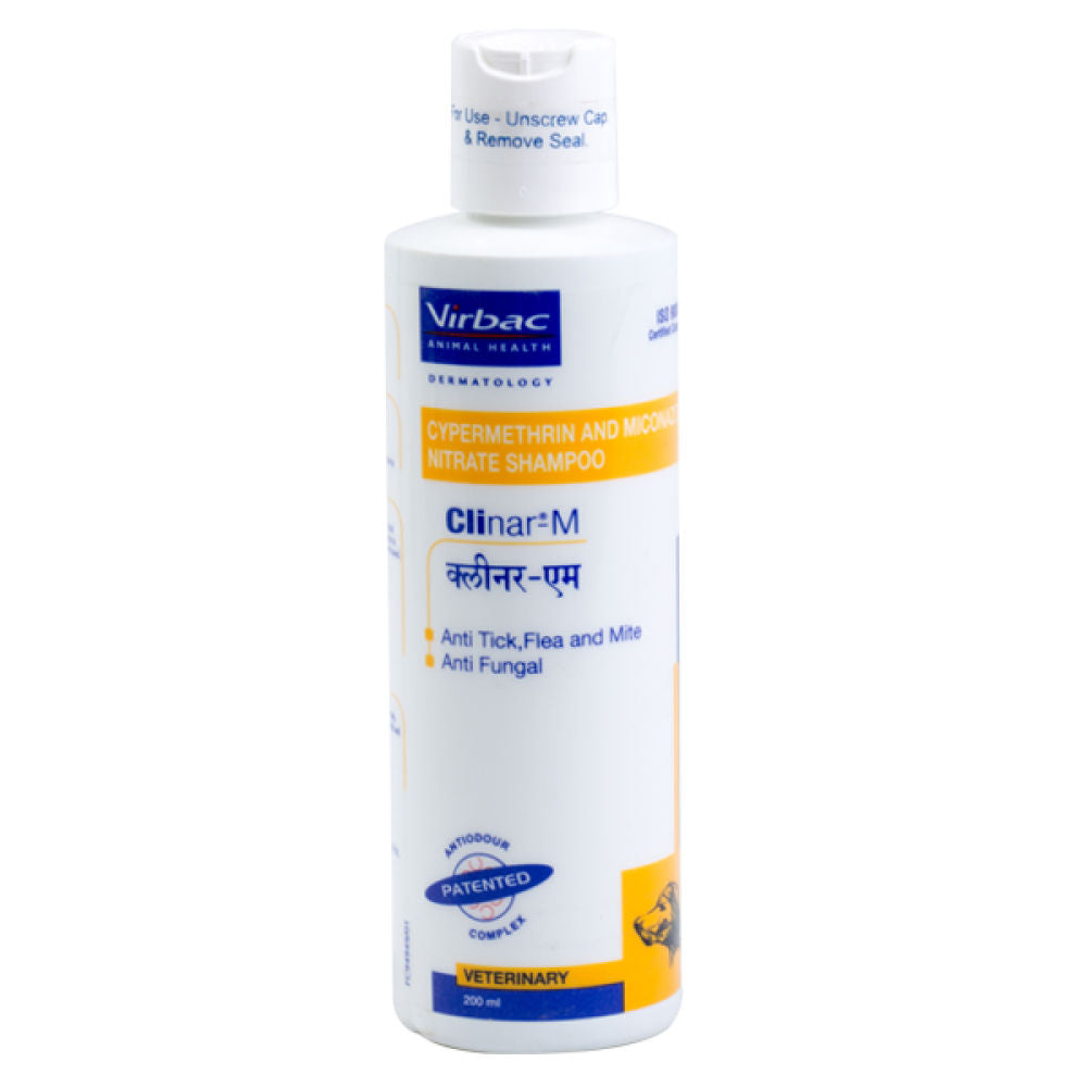 Virbac Clinar M Anti Tick & Flea and Antifungal Shampoo for Dogs — side view