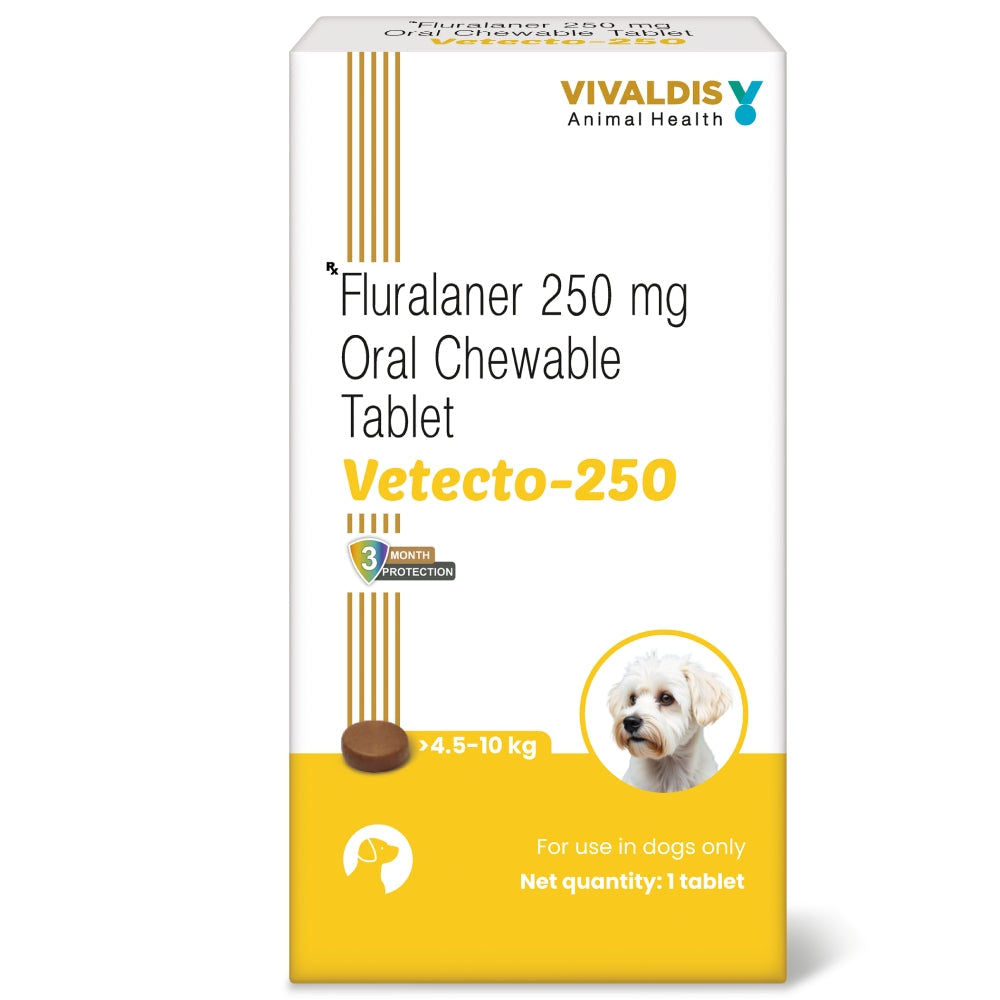 Vivaldis Vetecto 250 (Fluralaner) chewable Tick & Flea tablet for Dogs (4.5 to 10 kg)