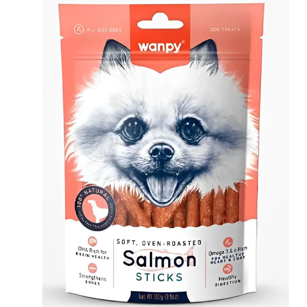 Wanpy Oven Roasted Salmon Stick Dog Treats — in use