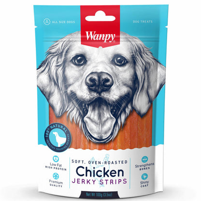 Wanpy Oven Roasted Soft Chicken Jerky Strips Dog Treats — in use