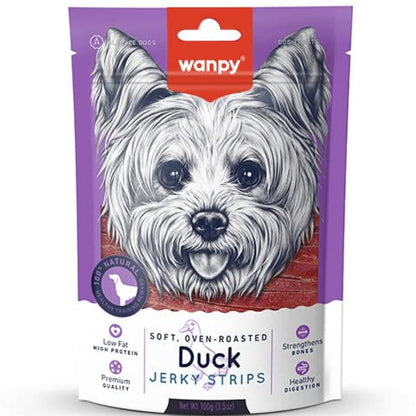Wanpy Oven Roasted Soft Duck Jerky Strips Dog Treats — in use
