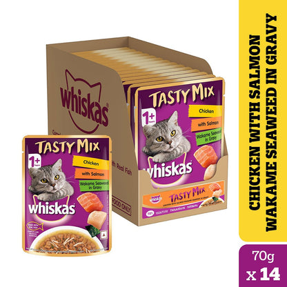 whiskas-chicken-with-salmon-wakame-seaweed-in-gravy-tasty-mix-adult-cat-wet-food 14x70g
